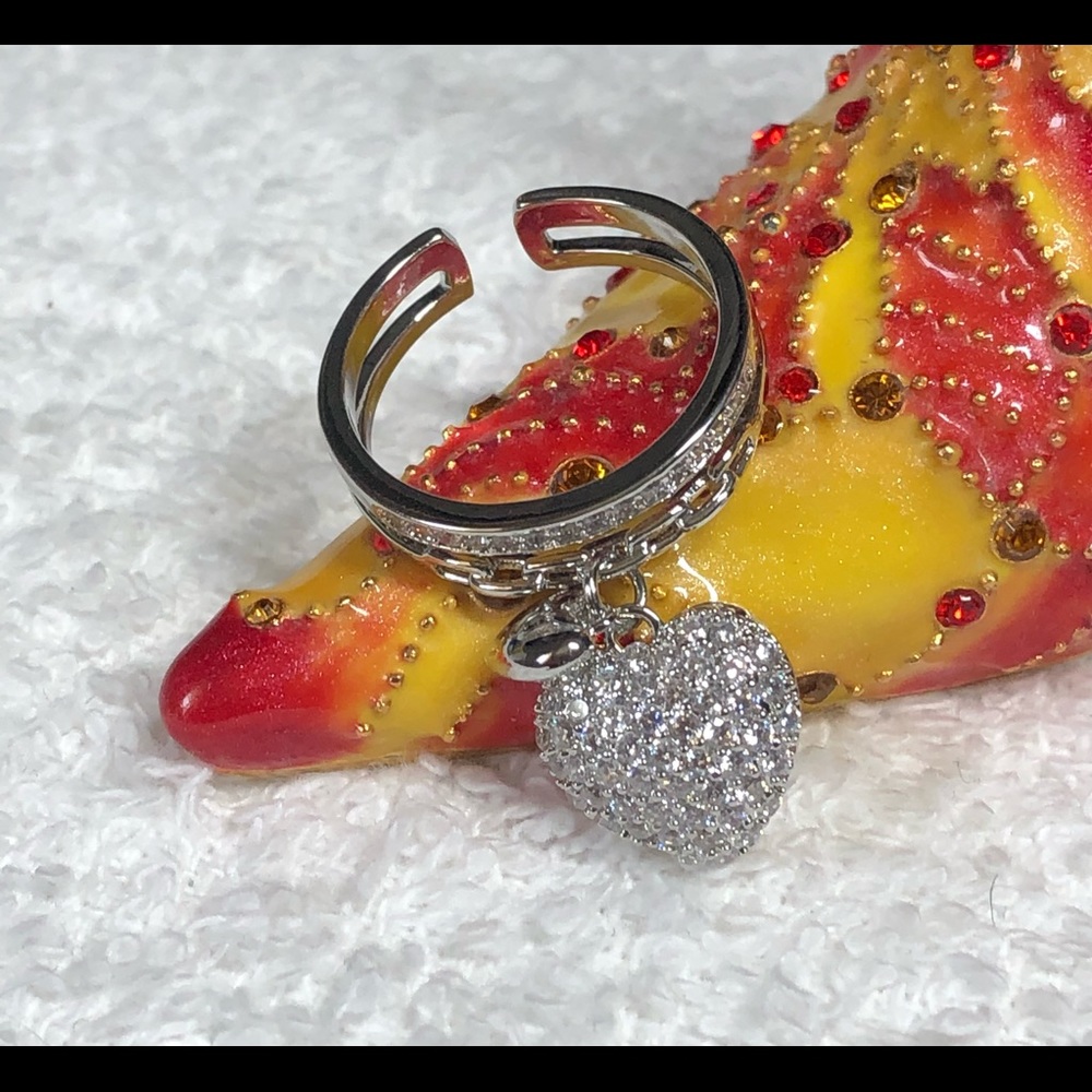Silver ring with pave heart-charm ring